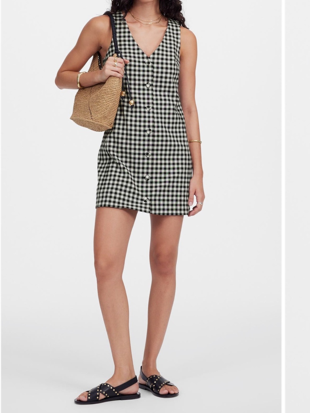 Madewell Black & White Gingham V neck Wool blend Vest Mididress Button-Front